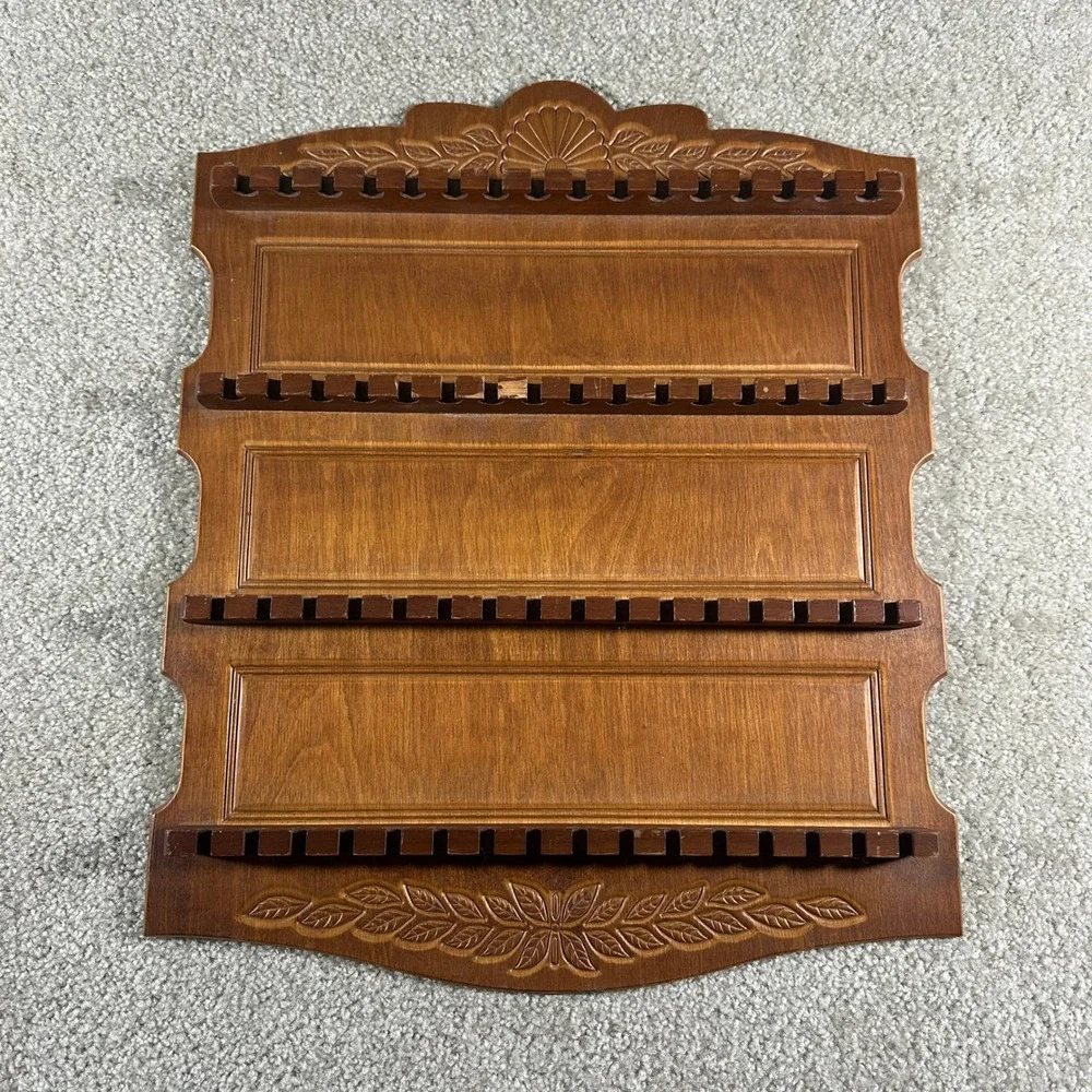 Vintage Wooden Souvenir Spoon Display Rack Wall Hanging 64 Slot Carved Floral